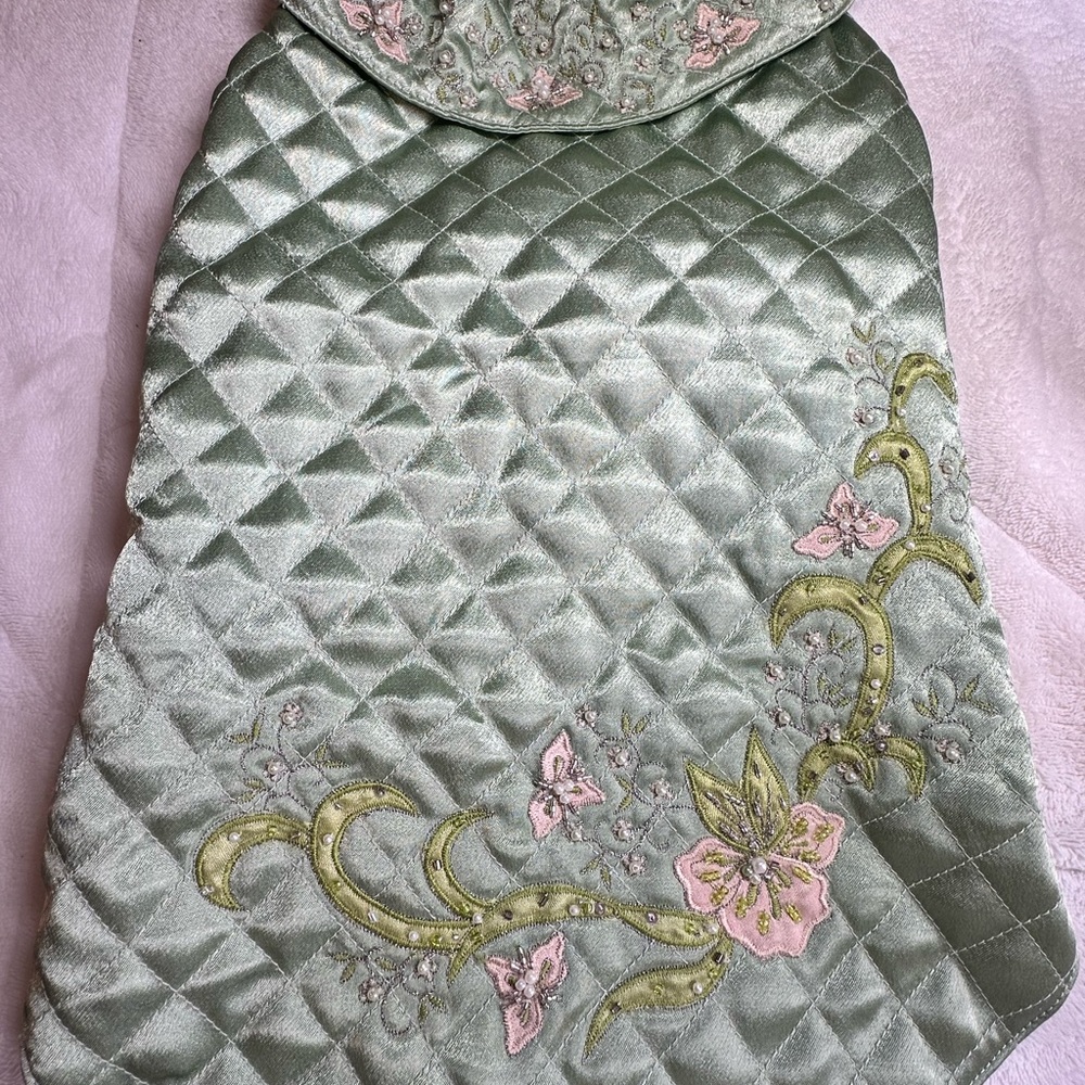 Oscar Newman Lux Quilted Satin Embroidered Dog Coat Sage Green with Pink Floral